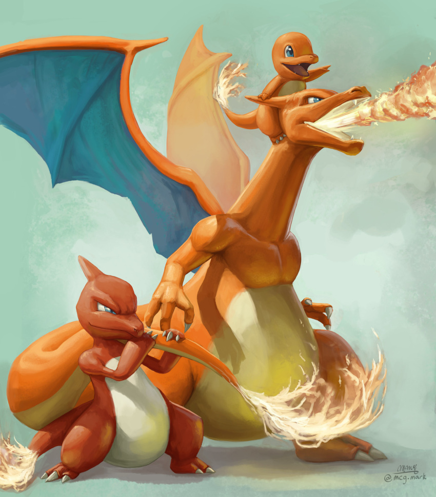 blue_eyes breathing_fire charizard charmander charmeleon claws commentary creature dragon english_commentary fire full_body gen_1_pokemon highres horn horns mcgmark no_humans pokemon pokemon_(creature) pokemon_on_head shadow signature simple_background standing