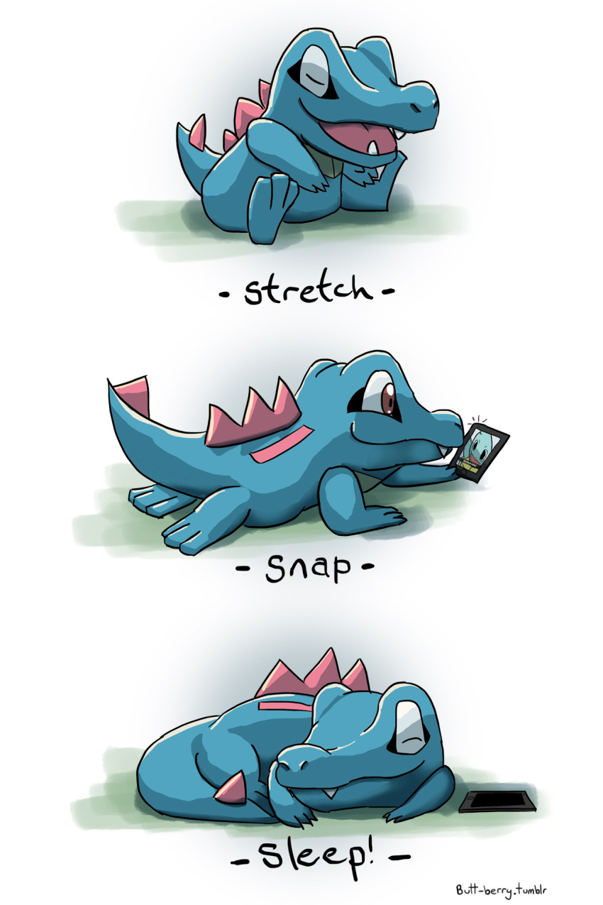 6koma brown_eyes cellphone closed_eyes commentary creature english_commentary english_text full_body gen_1_pokemon gen_2_pokemon highres holding holding_phone lying no_humans on_stomach phone pokemon pokemon_(creature) sitting sleeping solo squirtle totodile watermark web_address