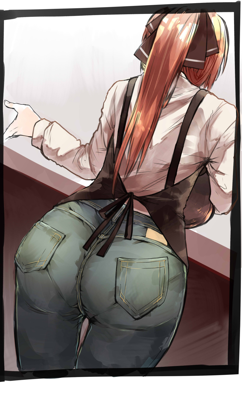 1girl absurdres alternate_costume apron ass breasts brown_hair cowboy_shot denim from_behind girls_frontline hair_ribbon hand_up highres jeans kyoyakyo large_breasts long_hair long_sleeves m1903_springfield_(girls_frontline) pants ponytail ribbon shirt sidelocks solo white_shirt