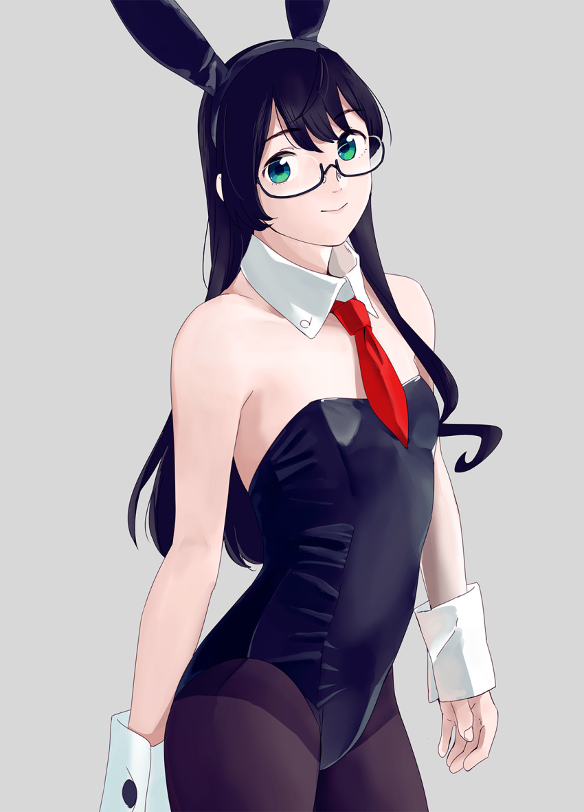 1girl animal_ears black_hair black_leotard breasts bunny_tail bunnysuit cowboy_shot detached_collar glasses green_eyes grey_background highres kantai_collection leotard long_hair looking_at_viewer necktie ojipon ooyodo_(kantai_collection) pantyhose rabbit_ears red_neckwear semi-rimless_eyewear simple_background small_breasts solo strapless strapless_leotard tail under-rim_eyewear wrist_cuffs