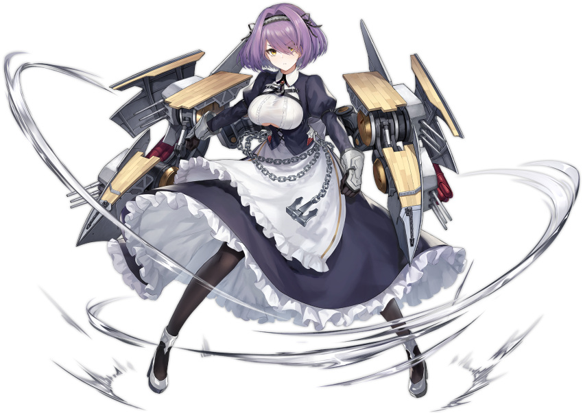 1girl apron artist_request azur_lane blush breasts cleavage_cutout gloucester_(azur_lane) headband highres juliet_sleeves large_breasts long_sleeves maid maid_apron official_art open_mouth pantyhose puffy_sleeves purple_hair rigging smile solo translation_request transparent_background yellow_eyes