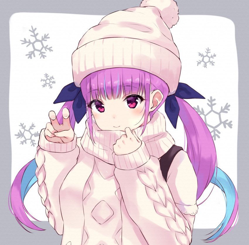 1girl bangs beanie blue_hair blush closed_mouth hair_ribbon hat highres hololive long_hair looking_at_viewer minato_aqua minikon multicolored_hair pom_pom_(clothes) purple_hair ribbon simple_background sleeves_past_wrists smile snowflakes solo sweater two-tone_hair upper_body violet_eyes virtual_youtuber white_background