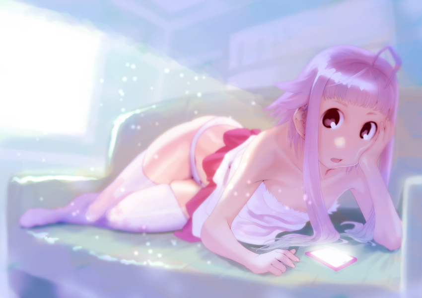 1girl commentary looking_at_viewer open_mouth panties purple_hair short_hair_with_long_locks solo soon thigh-highs underwear violet_eyes vocaloid yuzuki_yukari