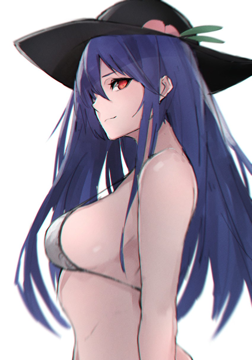 1girl absurdres bangs bare_arms bare_shoulders bikini black_headwear blue_hair breasts commentary_request food from_side fruit grey_bikini hair_between_eyes highres hinanawi_tenshi leaf long_hair looking_at_viewer medium_breasts migata peach red_eyes sidelocks simple_background smile solo stomach strap_gap swimsuit touhou upper_body white_background