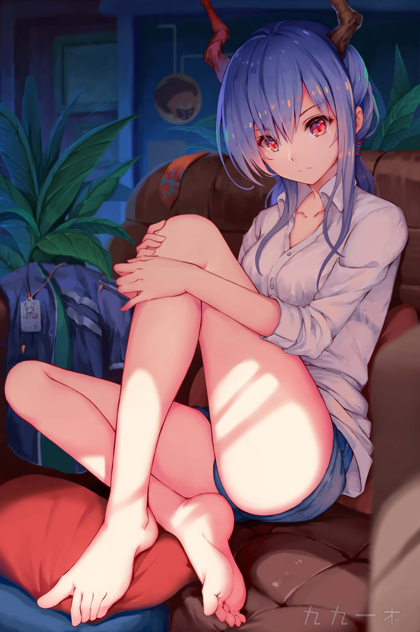 1girl absurdres arknights artist_name bangs bare_legs barefoot blue_hair blue_shorts breasts ch'en_(arknights) collarbone commentary_request eyebrows_visible_through_hair hair_between_eyes head_tilt highres horns indoors knee_up long_hair long_sleeves looking_at_viewer medium_breasts plant rafael-m red_eyes shirt short_shorts shorts sidelocks signature sitting solo thighs white_shirt wing_collar