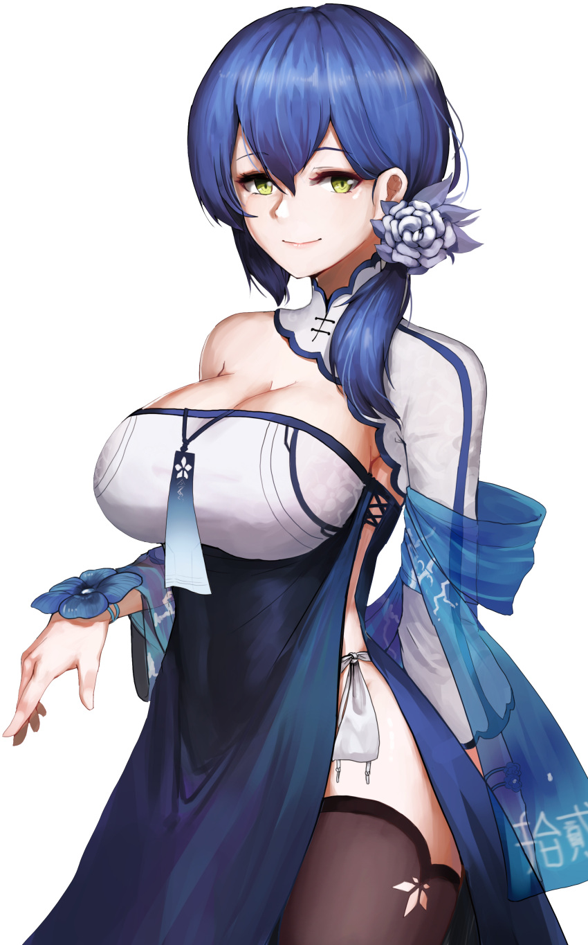 1girl absurdres blue_dress blue_hair breasts dp-12_(girls_frontline) dress flower girls_frontline green_eyes hair_flower hair_ornament highres iznal large_breasts long_hair looking_at_viewer simple_background smile solo thigh-highs white_background