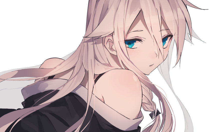 1girl absurdres bakaouzi999 bare_shoulders black_shirt blue_eyes blush braid close-up clothes_removed expressionless eyebrows_visible_through_hair face floating_hair hair_between_eyes half-closed_eyes highres ia_(vocaloid) jitome long_hair looking_back parted_lips shaded_face shiny shiny_hair shiny_skin shirt shirt_removed simple_background solo spaghetti_strap straight_hair upper_body vocaloid white_background white_hair