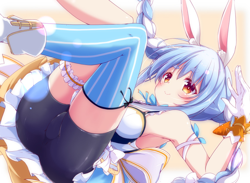 1girl animal_ear_fluff animal_ears armpits ass bangs bare_shoulders bike_shorts blue_hair blue_legwear blush braid carrot_hair_ornament closed_mouth commentary_request eyebrows_visible_through_hair food_themed_hair_ornament from_below gloves hair_ornament highres hololive leg_garter long_hair nanaume_(shichimi_tougarashi) rabbit_ears sidelocks single_thighhigh skirt smile solo striped striped_legwear symbol-shaped_pupils thick_eyebrows thigh-highs twintails usada_pekora virtual_youtuber white_gloves yellow_eyes