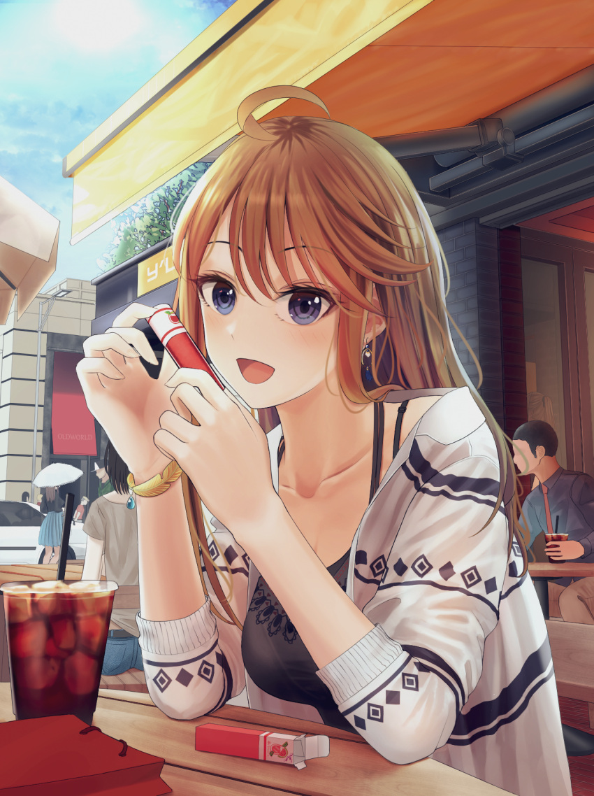 1girl blonde_hair blue_eyes collarbone highres idolmaster idolmaster_million_live! idolmaster_million_live!_theater_days long_hair looking_at_viewer open_mouth simple_background sitting solo tagme testame tokoro_megumi