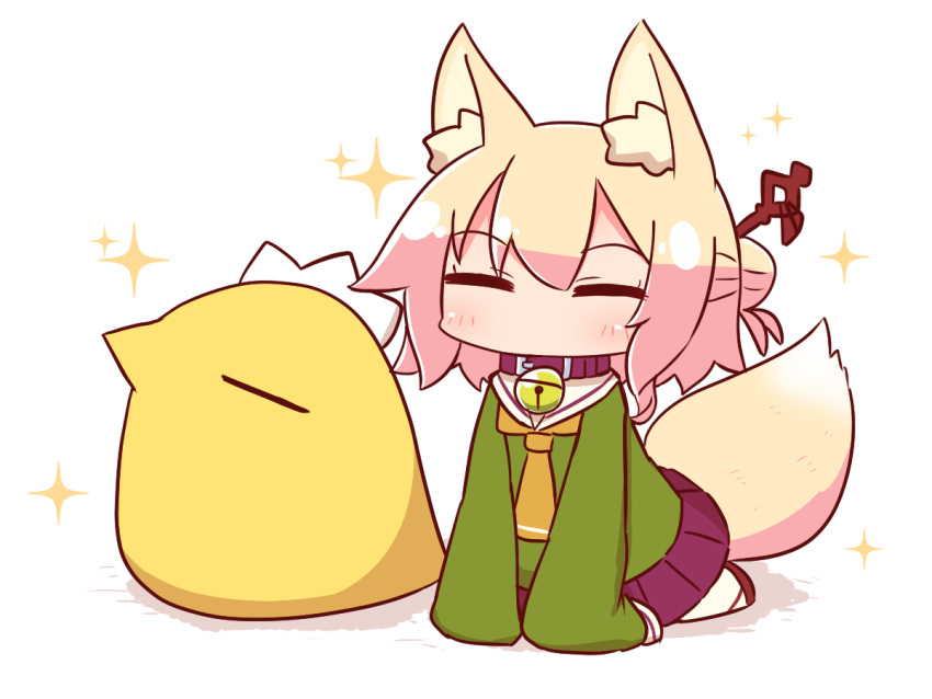 1girl all_fours animal_ear_fluff animal_ears bangs bell bell_collar bird blonde_hair blush brown_footwear chibi closed_eyes collar eyebrows_visible_through_hair fox_ears fox_girl fox_tail full_body green_shirt hair_between_eyes hair_bun hair_ornament jingle_bell kemomimi-chan_(naga_u) long_hair long_sleeves naga_u neckerchief no_mouth orange_neckwear original pleated_skirt purple_skirt shadow shirt simple_background skirt sleeves_past_fingers sleeves_past_wrists sparkle_background tail white_background white_legwear