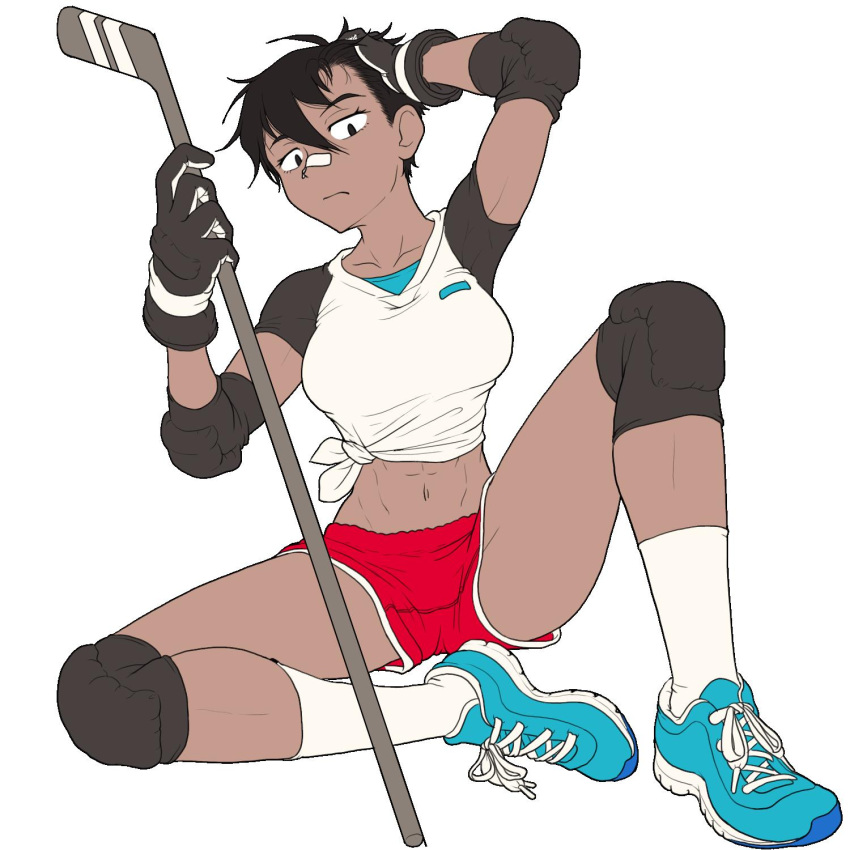 1girl abs bandaid bandaid_on_nose black_eyes black_hair blue_footwear boro breasts closed_mouth dark_skin elbow_pads full_body gloves gym_shorts hair_between_eyes hand_on_own_head highres hockey_stick holding knee_pads looking_at_viewer medium_breasts midriff navel red_shorts river_city_girls shirt shoes short_hair short_sleeves shorts simple_background sitting sneakers socks solo tied_shirt white_background work_in_progress yoko_(river_city_girls)