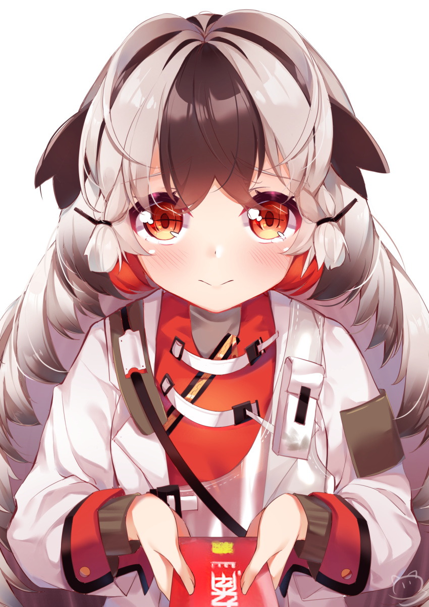 1girl arknights bangs blush brown_hair closed_mouth eyebrows_visible_through_hair grey_hair highres holding jacket long_hair long_sleeves looking_at_viewer multicolored_hair nahaki open_clothes open_jacket red_eyes red_shirt shirt sidelocks signature simple_background snowsant_(arknights) solo two-tone_hair upper_body very_long_hair white_background white_jacket