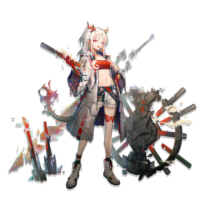 1girl :d ankle_strap arknights bandeau bangs belt black_legwear blush body_markings braid breasts coat collarbone dragon_girl dragon_horns dragon_tail earrings eyebrows_visible_through_hair full_body hand_on_hip highres holding holding_weapon horns huanxiang_heitu jewelry long_hair looking_at_viewer multicolored_hair navel nian_(arknights) official_art open_clothes open_coat open_mouth pointy_ears ponytail pouch red_bandeau redhead shoes shorts side_braid sidelocks slit_pupils small_breasts smile sneakers socks solo stomach streaked_hair tail tongue tongue_out violet_eyes weapon white_coat white_footwear white_hair white_shorts wide_sleeves