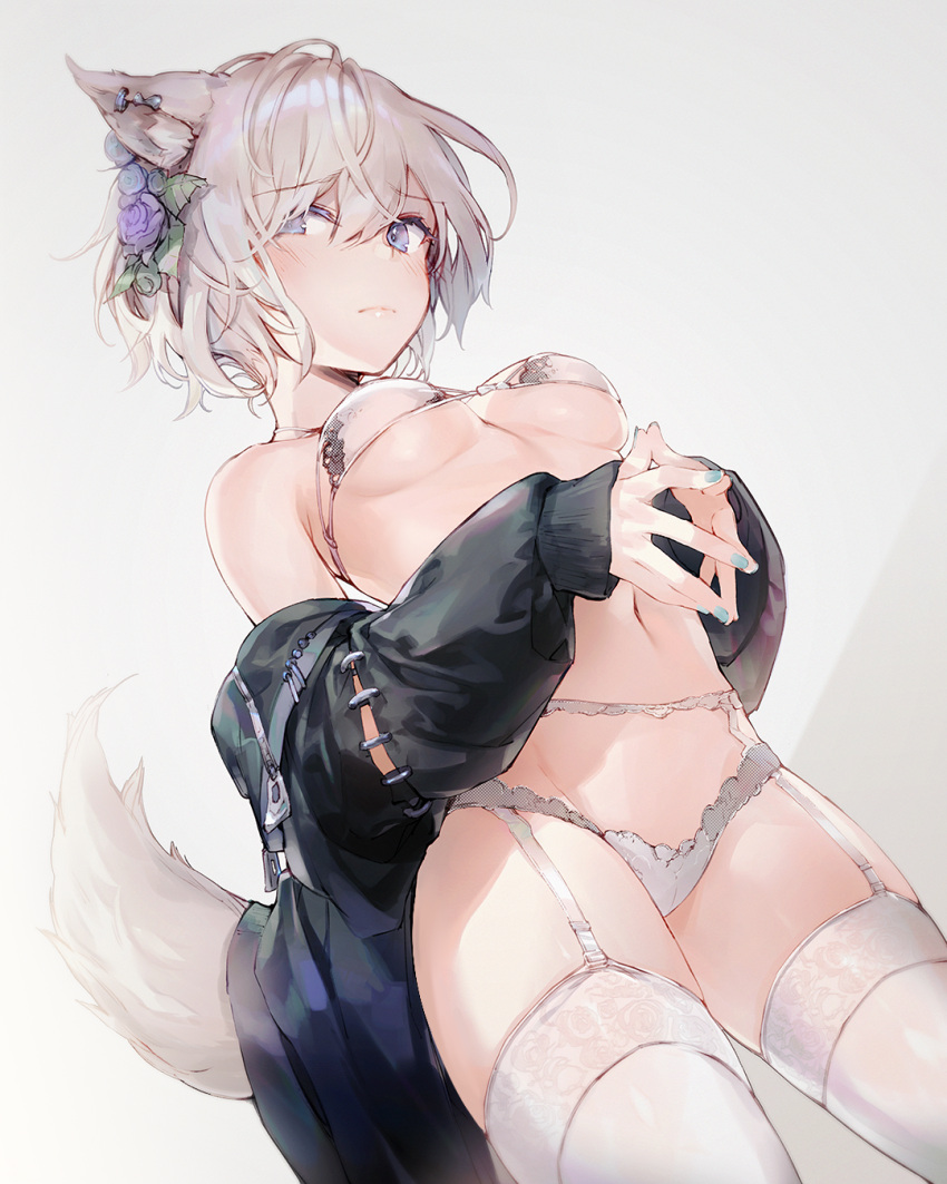 1girl animal_ears bare_shoulders black_jacket blue_eyes blush bra breasts commentary_request cowboy_shot ear_piercing flower fox_ears fox_girl fox_tail frown garter_belt hair_flower hair_ornament highres jacket lingerie long_sleeves looking_at_viewer nail_polish navel off_shoulder original panties piercing short_hair silver_hair small_breasts solo steepled_fingers stomach tail thigh-highs under_boob underwear white_bra white_legwear white_panties yatsuha_(hachiyoh)