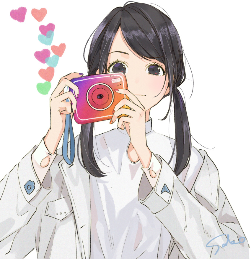 1girl absurdres artist_name bangs black_eyes black_hair camera commentary_request eyebrows_visible_through_hair heart highres holding holding_camera instagram jacket long_hair long_sleeves looking_at_viewer multicolored multicolored_nails nail_polish original pocket sako_(35s_00) shirt signature simple_background smile solo twintails upper_body white_background white_jacket white_shirt