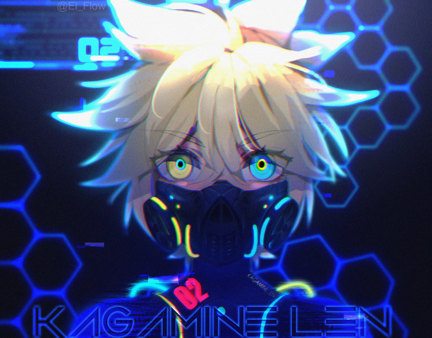 1boy blonde_hair blue_eyes cable character_name commentary cyberpunk ei_flow english_commentary english_text face_mask glowing glowing_eyes heterochromia hexagon highres kagamine_len looking_at_viewer male_focus mask multicolored multicolored_eyes neon_lights portrait spiky_hair twitter_username vocaloid yellow_eyes