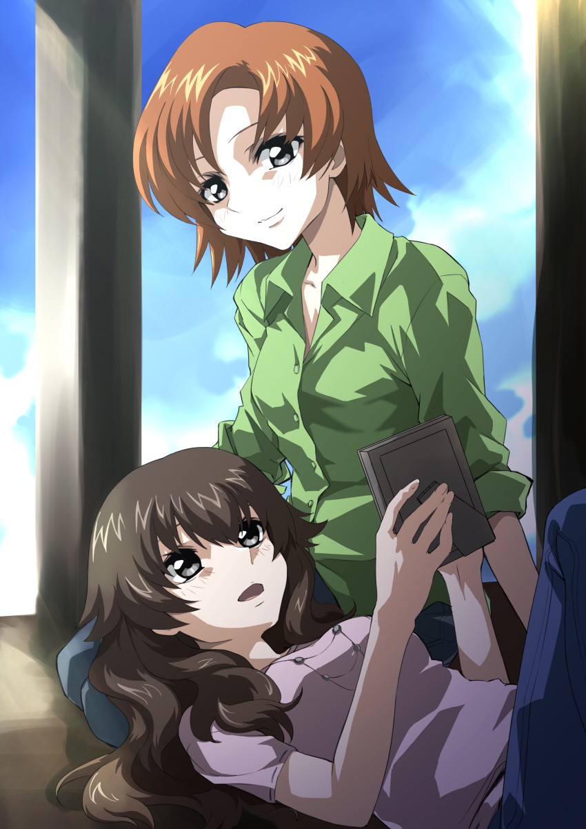 2girls absurdres aunt_and_niece breasts brown_hair chiizu_ore clouds collarbone collared_shirt denim green_shirt grey_eyes highres hino_miwa jeans lap_pillow long_hair long_sleeves lying medium_breasts medium_hair multiple_girls on_back open_mouth orange_hair pants picture_frame shiny shiny_hair shirt short_sleeves sitting sky sleeves_rolled_up smile soukyuu_no_fafner toomi_maya