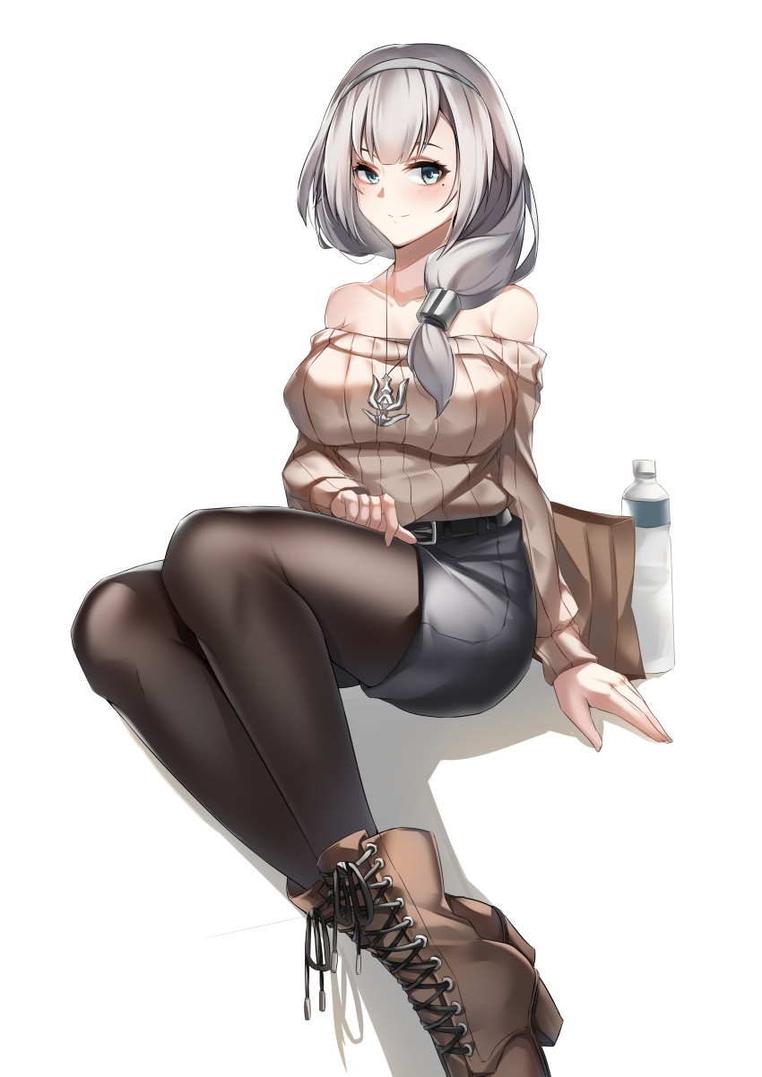 1girl absurdres belt black_legwear black_skirt blue_eyes blush boots breasts character_request collarbone hairband highres long_hair looking_at_viewer lubikaya1 silver_hair simple_background sitting skirt smile solo sweater thigh-highs warship_girls_r white_background