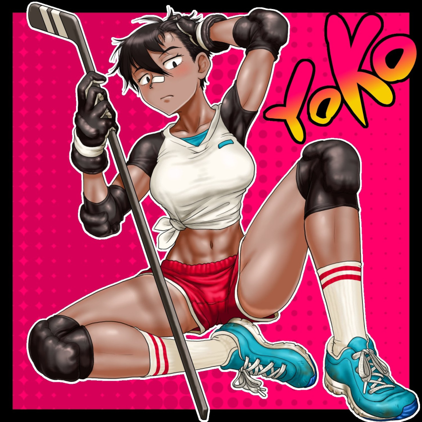 1girl abs bandaid bandaid_on_nose black_eyes black_hair blue_footwear boro breasts character_name closed_mouth dark_skin elbow_pads full_body gloves gym_shorts hair_between_eyes hand_on_own_head highres hockey_stick holding knee_pads looking_at_viewer medium_breasts midriff navel red_background red_shorts river_city_girls shoes short_hair shorts sitting sneakers socks solo yoko_(river_city_girls)