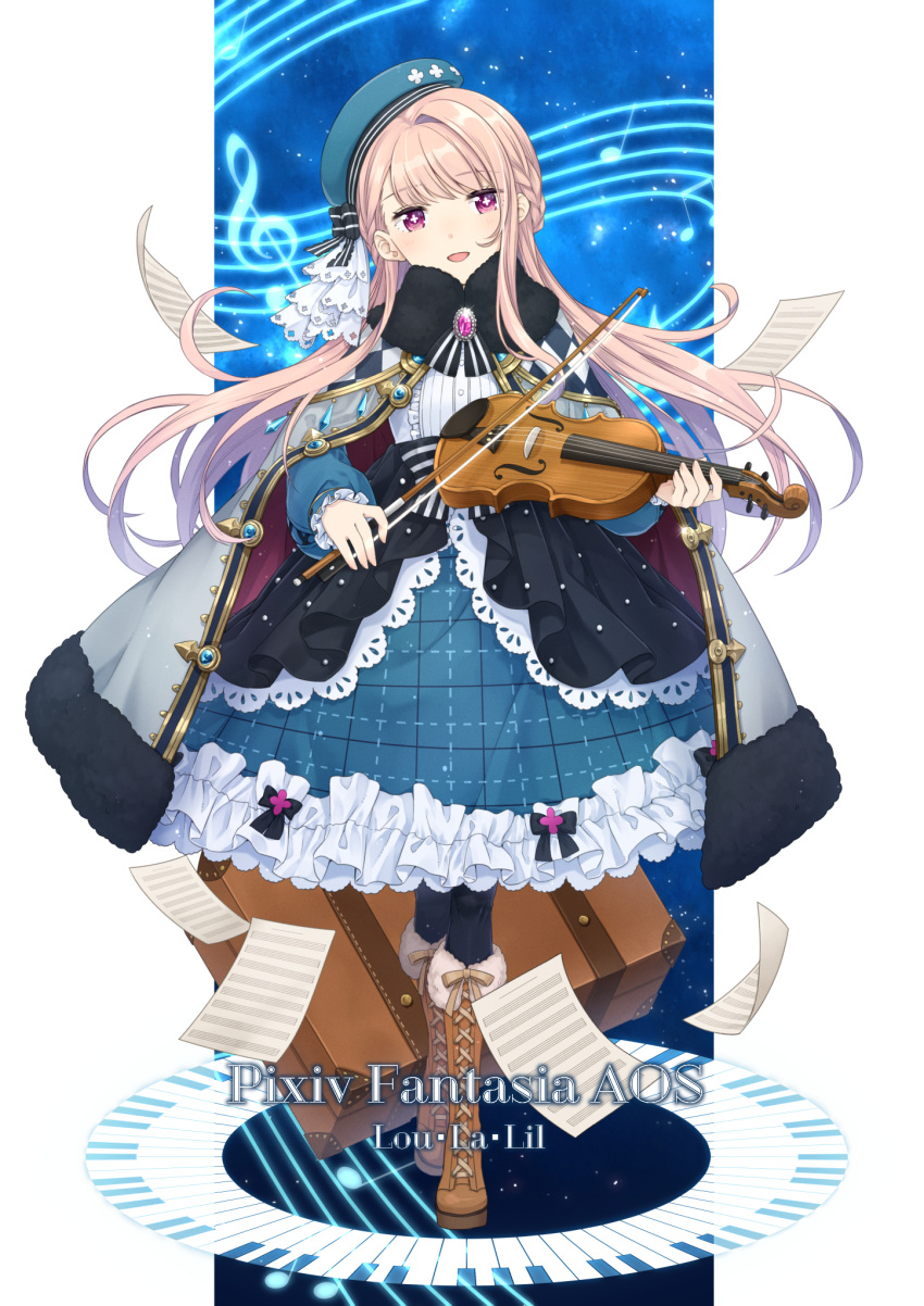 +_+ 1girl :d beamed_eighth_notes black_legwear blue_dress boots bow_(instrument) braid brooch brown_footwear capelet character_name cloak copyright_name dress frilled_dress frills grey_coat highres instrument jewelry long_hair long_sleeves looking_at_viewer lou_la_lil luggage musical_note open_mouth pixiv_fantasia_age_of_starlight quarter_note sheet_music smile solo treble_clef violet_eyes violin yonedanico