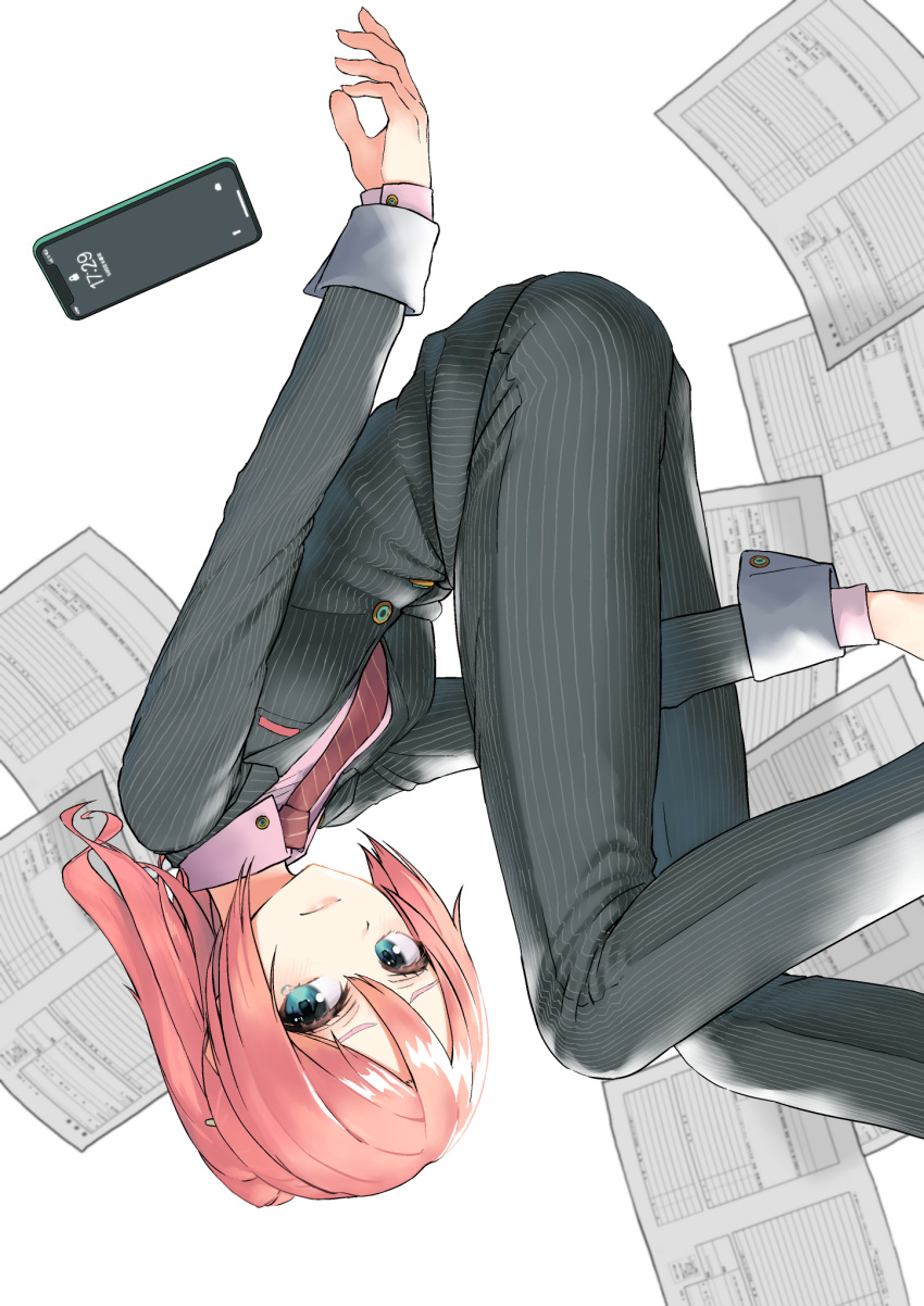 aqua_eyes black_jacket black_pants black_suit business_suit cellphone clock collarbone commentary digital_clock dress_shirt feet_out_of_frame formal furrowed_eyebrows hello_worker_(vocaloid) highres jacket knees_up light_blush light_frown lipstick looking_at_viewer makeup medium_hair megurine_luka necktie pants paper phone pink_hair pink_shirt ponytail project_diva_(series) recruiter_(module) red_neckwear rsk_(tbhono) shirt smartphone striped striped_jacket striped_neckwear striped_pants suit suit_jacket tears time upside-down vocaloid white_background wrist_cuffs