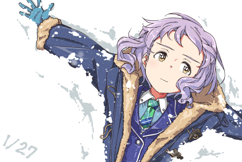 1girl blazer commentary_request fur-trimmed_jacket fur_trim gloves guriko_(mossari) happy_birthday idolmaster idolmaster_million_live! jacket long_sleeves lying makabe_mizuki necktie on_back open_clothes open_jacket outstretched_arms plaid_neckwear purple_hair short_hair snow solo spread_arms upper_body yellow_eyes