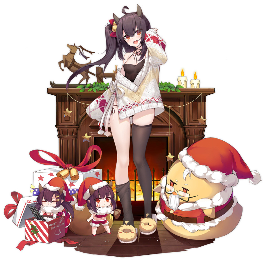 3girls abukuma_(azur_lane) ahoge aurora azur_lane bell bespectacled black_hair black_legwear black_panties blush box breasts candle christmas eyebrows_visible_through_hair fire fireplace gift gift_box glasses hair_bell hair_between_eyes hair_ornament hairclip hat highres horns isuzu_(azur_lane) isuzu_(cozy_christmas_eve)_(azur_lane) long_hair manjuu_(azur_lane) merry_christmas midriff minigirl multiple_girls nagara_(azur_lane) navel official_art ootsuki_momiji open_mouth oversized_clothes panties pointy_ears red_eyes santa_costume santa_hat shorts side-tie_panties side_ponytail sleeves_past_wrists slippers small_breasts smile star sweater thigh-highs transparent_background underwear