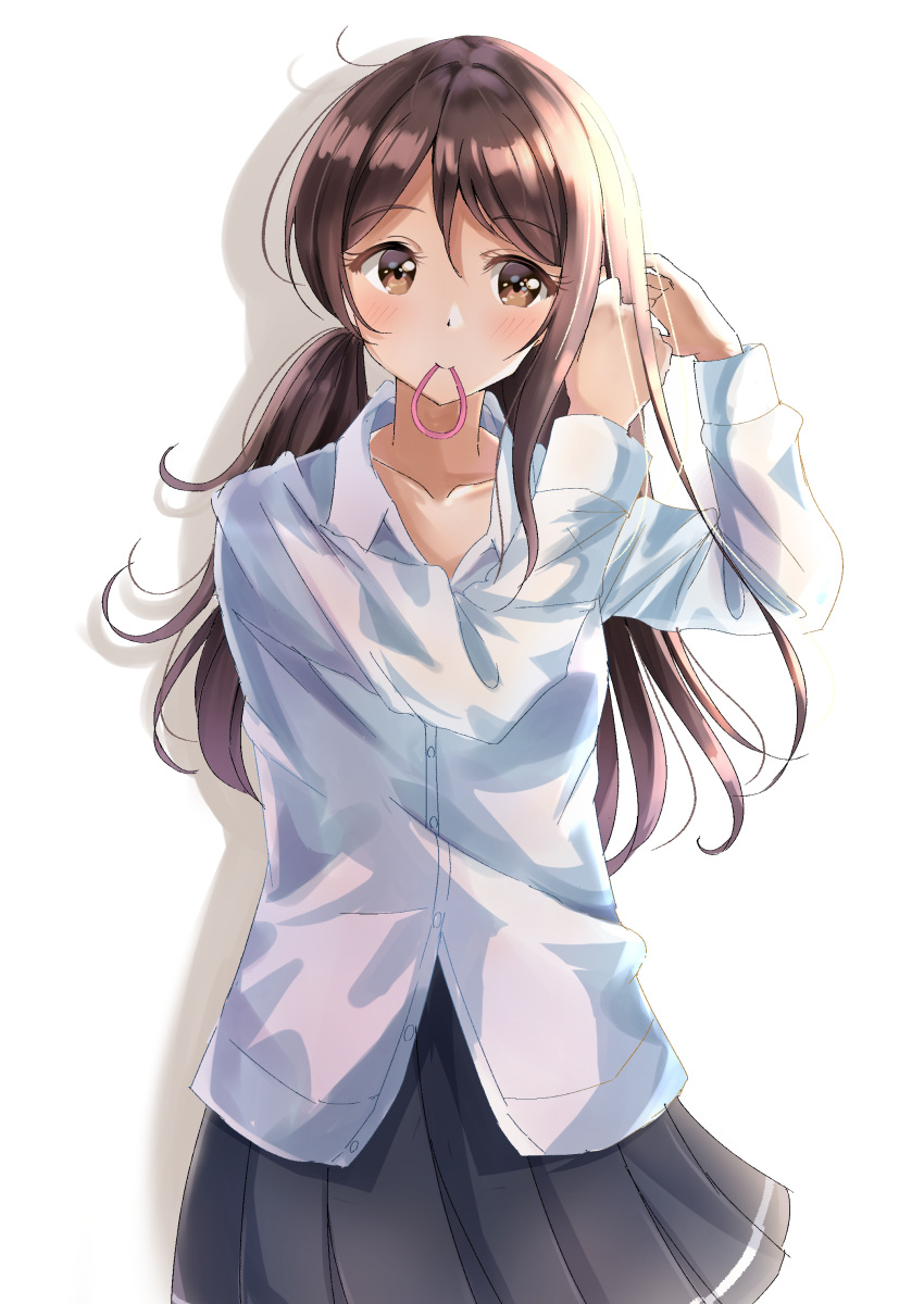 1girl absurdres bangs black_skirt blush brown_eyes brown_hair closed_mouth collarbone collared_shirt commentary_request dress_shirt drop_shadow eyebrows_visible_through_hair hair_between_eyes hair_tie hair_tie_in_mouth hands_up highres long_hair long_sleeves looking_away looking_to_the_side low_twintails mouth_hold original pleated_skirt school_uniform shirt sin_(sin52y) skirt smile solo twintails tying_hair very_long_hair white_background white_shirt