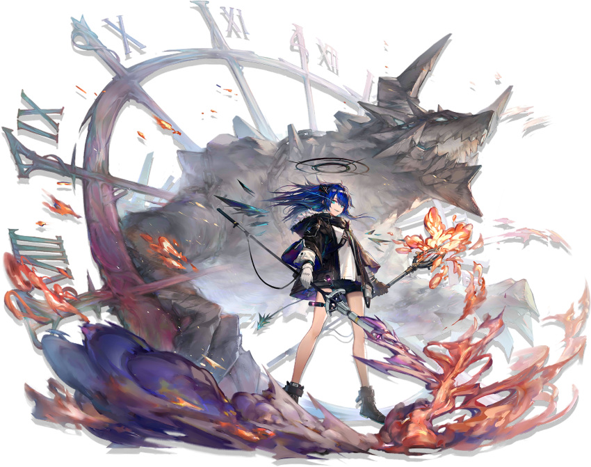 1girl ankle_boots arknights bangs black_footwear black_gloves black_shorts blue_eyes blue_hair boots breasts clock dragon dragon_horns dual_wielding elite_ii_(arknights) eyebrows_visible_through_hair fire floating_hair full_body fur-trimmed_jacket fur_trim gloves glowing glowing_eyes grin hair_between_eyes halo hand_up highres holding horns huanxiang_heitu jacket long_hair long_sleeves looking_at_viewer mismatched_gloves mostima_(arknights) official_art open_clothes shirt short_shorts shorts small_breasts smile snap-fit_buckle solo staff tail thighs transparent_background white_gloves white_shirt wide_sleeves wind