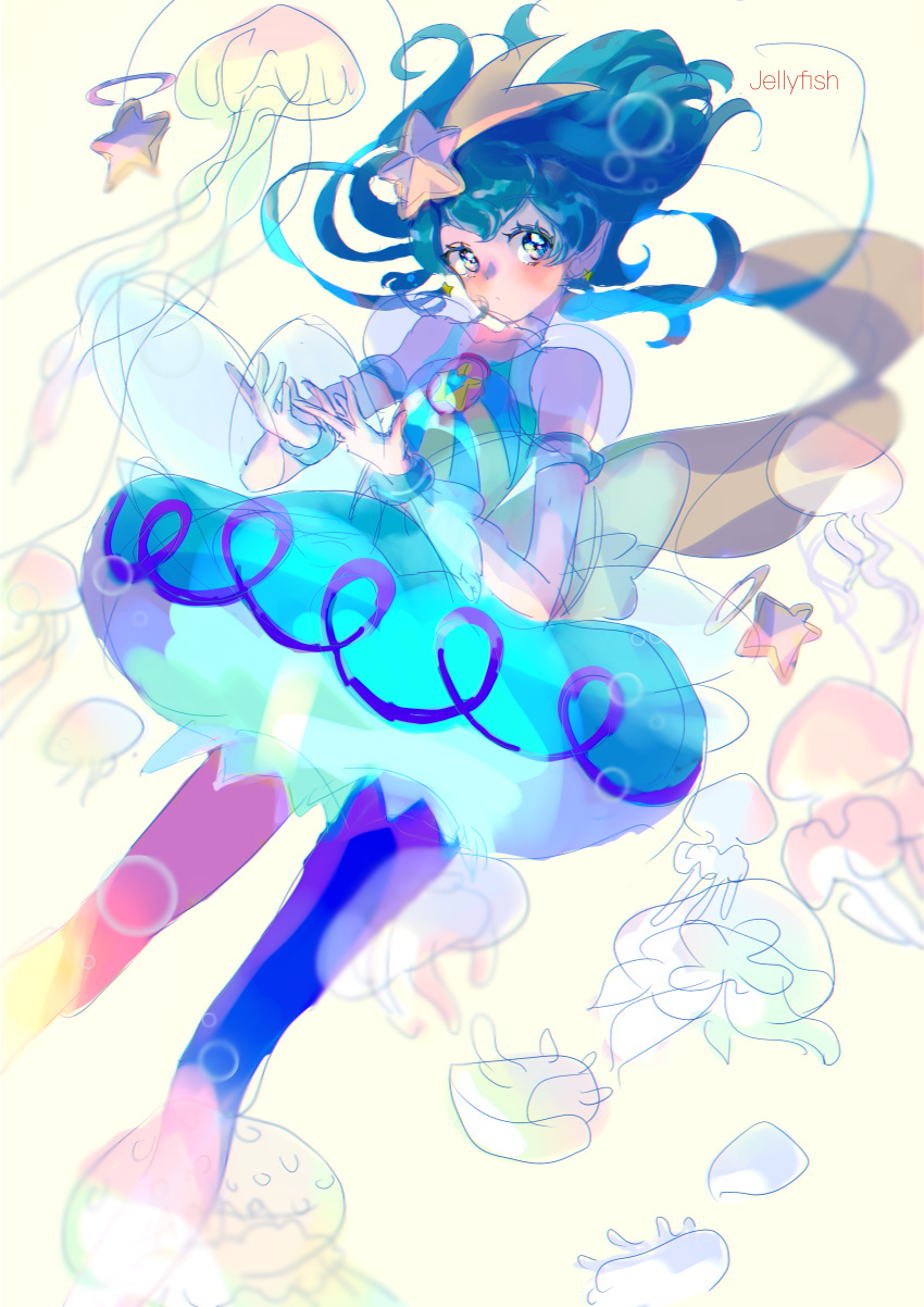 1girl absurdres air_bubble animal antennae aqua_eyes aqua_hair bubble choker commentary cure_milky earrings english_text floating floating_hair hagoromo_lala hair_ornament highres jellyfish jewelry magical_girl pointy_ears precure puffy_short_sleeves puffy_sleeves see-through_sleeves seika_(yuimarutoka0219) short_hair short_sleeves sideways_glance sketch solo star star_earrings star_hair_ornament star_in_eye star_twinkle_precure symbol_in_eye trait_connection underwater wrist_cuffs yellow_background yellow_earrings