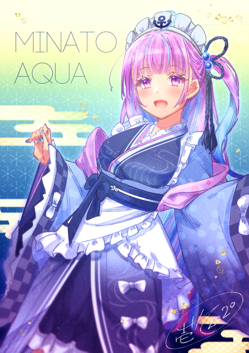 1girl :d ahoge anchor apron bangs blue_bow blue_hair blue_kimono blurry blurry_background blush bow character_name checkered commentary_request depth_of_field egasumi eyebrows_visible_through_hair frilled_apron frills highres hololive ittokyu japanese_clothes kimono long_hair long_sleeves looking_at_viewer minato_aqua multicolored_hair obi one_side_up open_mouth pink_hair sash signature sleeves_past_wrists smile solo two-tone_hair virtual_youtuber white_apron white_bow wide_sleeves