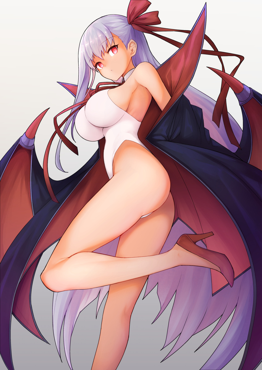 1girl absurdres ass bare_shoulders bb_(fate)_(all) bb_(swimsuit_mooncancer)_(fate) breasts closed_mouth demon_wings empty_eyes eyebrows_visible_through_hair fate/grand_order fate_(series) gradient gradient_background hair_ribbon high_heels highleg highleg_swimsuit highres large_breasts legs long_hair looking_at_viewer one-piece_swimsuit paid_reward purple_hair red_eyes ribbon robe simple_background solo swimsuit very_long_hair waero white_swimsuit wings