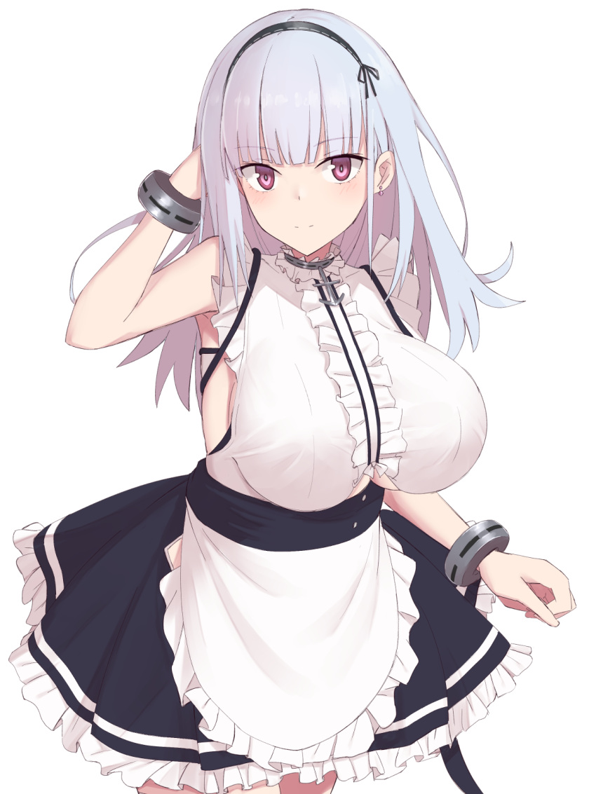 1girl apron azur_lane bangs bare_shoulders black_hairband breasts commentary_request dido_(azur_lane) dress earrings elfenlied22 eyebrows_visible_through_hair frills hair_ornament hairband highres huge_breasts jewelry large_breasts long_hair looking_at_viewer maid maid_apron maid_dress pink_eyes silver_hair simple_background sleeveless sleeveless_dress solo white_apron white_background
