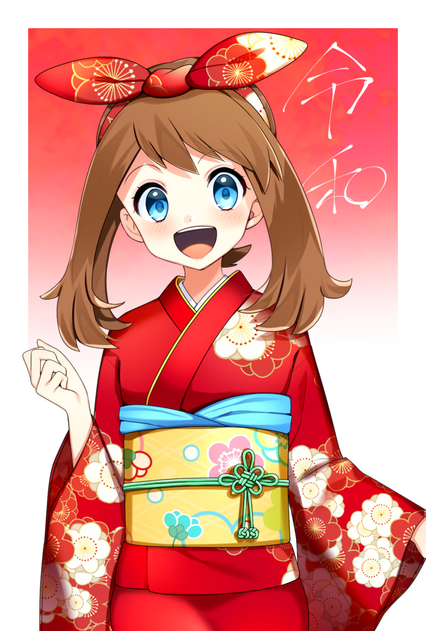 1girl :d bangs blue_eyes bow brown_hair floral_print gradient gradient_background hair_bow haruka_(pokemon) highres japanese_clothes kimono long_hair looking_at_viewer obi open_mouth pokemon pokemon_(game) pokemon_rse print_bow print_kimono red_background red_bow red_kimono sash shiny shiny_hair smile solo standing twintails upper_body white_background yuihiko yukata