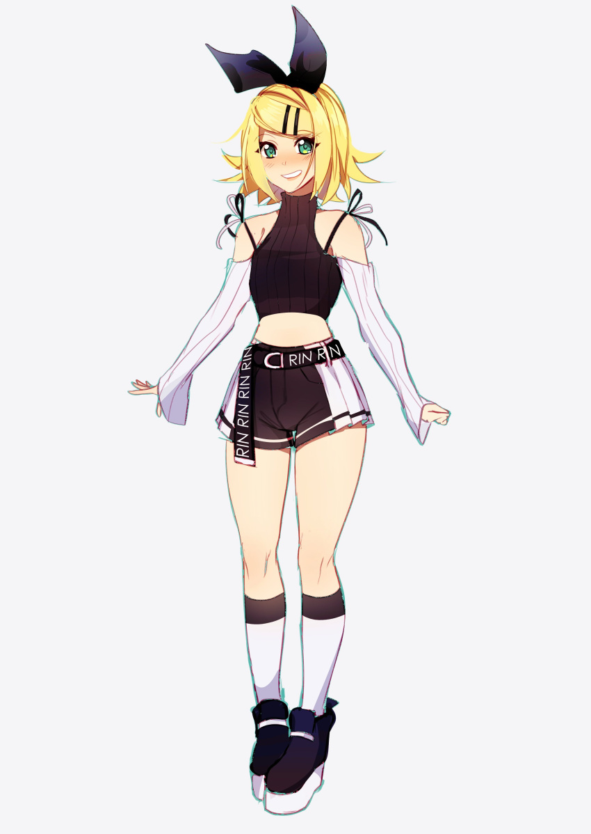 1girl absurdres bangs black_bow black_shirt black_shorts blonde_hair blush bow commentary crop_top detached_sleeves ei_flow english_commentary full_body green_eyes grin hair_bow hair_ornament hairclip highres kagamine_rin kneehighs looking_at_viewer midriff shirt shoes short_hair shorts sleeveless sleeveless_shirt smile solo standing striped_sleeves swept_bangs turtleneck vocaloid white_background white_sleeves
