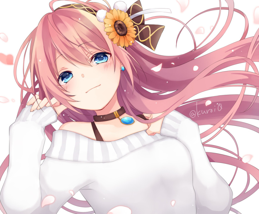 1girl ahoge black_choker blue_eyes blush breasts brown_hairband choker closed_mouth commentary flower hair_flower hair_ornament hairband hands_up kuroi_(liar-player) long_hair long_sleeves medium_breasts megurine_luka off-shoulder_sweater off_shoulder orange_flower petals pink_hair sleeves_past_wrists smile solo sunflower sunflower_hair_ornament sweater twitter_username upper_body vocaloid white_background white_sweater