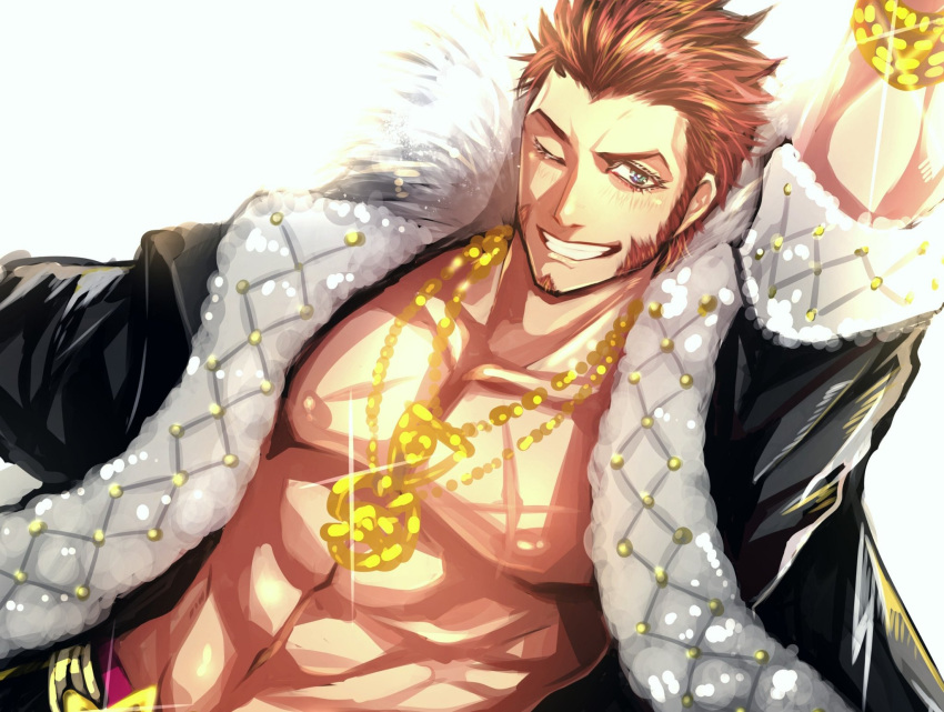 1boy abs alternate_costume bara beard blue_eyes blush bracelet brown_hair chest cosplay costume_switch facial_hair fate/grand_order fate_(series) highres jacket_on_shoulders jewelry long_sleeves looking_at_viewer male_focus muscle napoleon_bonaparte_(fate/grand_order) necklace nipples one_eye_closed open_clothes pants pectorals sakata_kintoki_(fate/grand_order) scar simple_background smile solo zuman_(zmnjo1440)