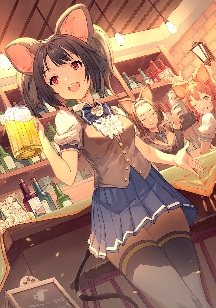 3girls :d animal_ears arm_up bangs beer_mug black_hair black_legwear black_shirt blue_bow blue_neckwear blue_skirt bottle bow brown_eyes brown_hair brown_vest center_frills closed_eyes closed_mouth cocktail_shaker collared_shirt commentary_request cup dutch_angle eyebrows_visible_through_hair flower frills gawain_(artist) glasses highres holding holding_cup indoors multiple_girls necktie one_eye_closed open_mouth original pleated_skirt puffy_short_sleeves puffy_sleeves red_eyes rose shirt short_sleeves skirt smile stool tail thigh-highs twintails upper_teeth vest white_flower white_rose white_shirt