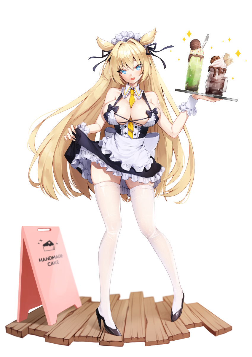 +_+ absurdres ankkoyom ash_arms between_breasts blonde_hair blue_eyes blush breasts food food_tray full_body glass_bottle hair_ornament highres ice_cream large_breasts long_hair looking_at_viewer m26_pershing_(ash_arms) maid_dress maid_headdress necktie necktie_between_breasts open_mouth simple_background skirt skirt_lift standing thigh-highs white_background