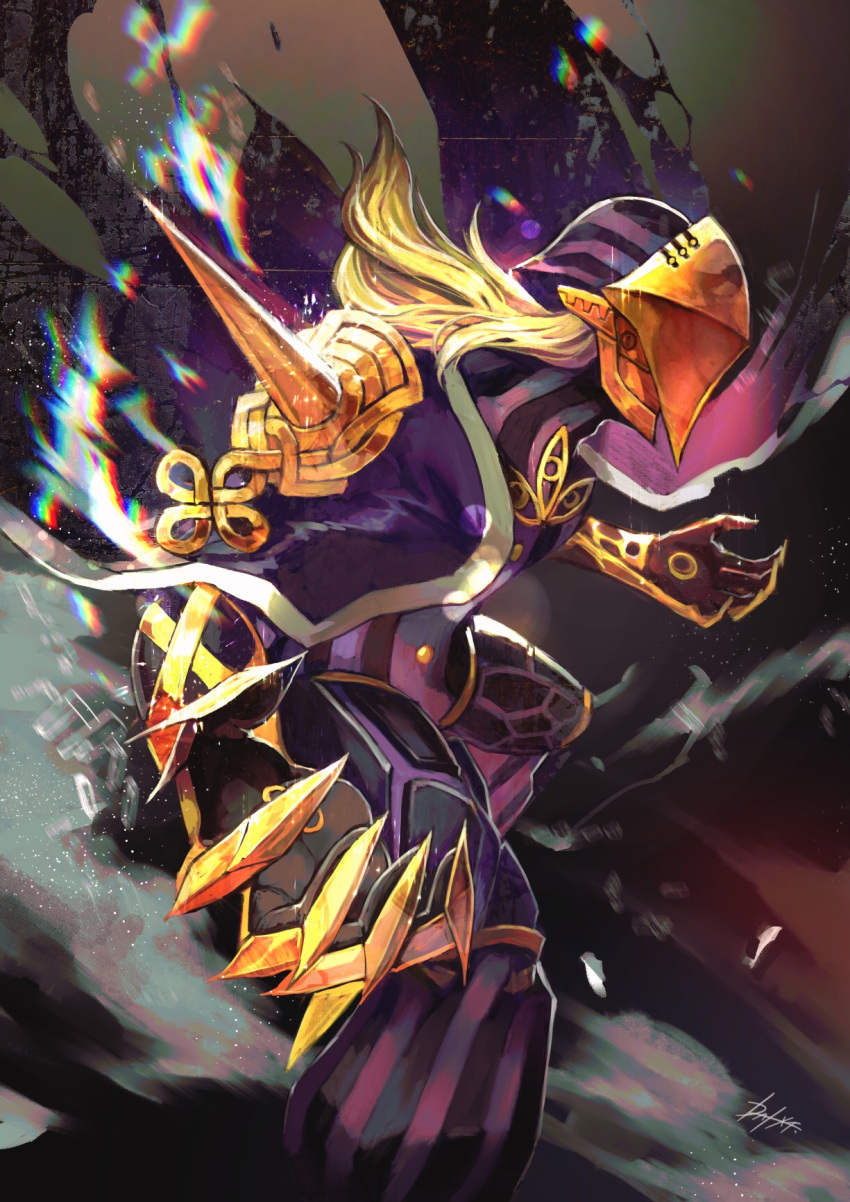 1boy armor avicebron_(fate) blonde_hair cape dai-xt fate/apocrypha fate/grand_order fate_(series) fighting_stance full_armor gauntlets gloves highres long_hair long_sleeves looking_to_the_side male_focus mask solo upper_body