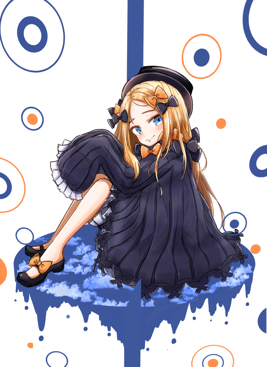 1girl abigail_williams_(fate/grand_order) admjgdme bangs black_bow black_dress black_footwear black_headwear blonde_hair bloomers blue_eyes blush bow bug butterfly closed_mouth clouds commentary_request dress fate/grand_order fate_(series) forehead full_body hair_bow hands_up hat highres insect knees_up long_hair long_sleeves looking_at_viewer looking_to_the_side orange_bow parted_bangs shoes sitting sleeves_past_fingers sleeves_past_wrists smile solo underwear very_long_hair white_bloomers