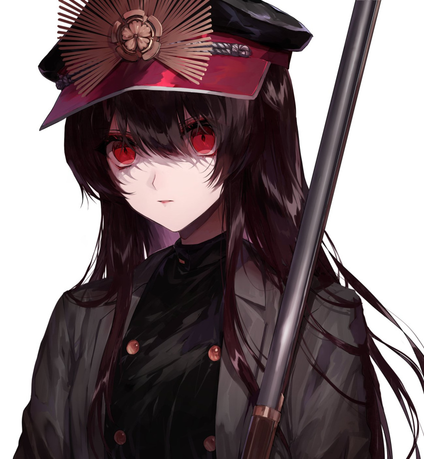 1girl bangs black_hair commentary_request fate_(series) fuuna_(conclusion) grey_coat gun hair_between_eyes hat highres long_hair looking_at_viewer military_hat oda_nobunaga_(fate) oda_nobunaga_(fate)_(all) parted_lips peaked_cap red_eyes rifle simple_background solo upper_body weapon white_background