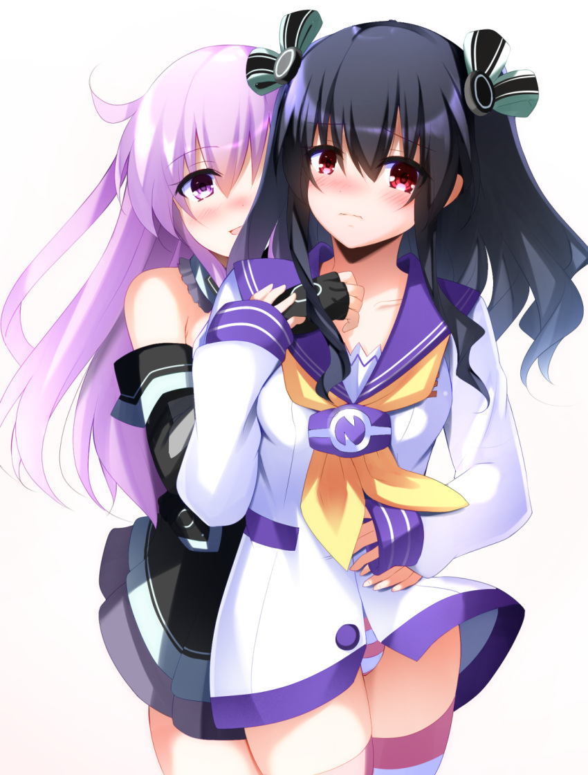 2girls :d bangs black_dress black_gloves black_hair blush choujigen_game_neptune closed_mouth collarbone cosplay costume_switch cowboy_shot detached_sleeves doria_(5073726) dress embarrassed eyebrows_visible_through_hair fingerless_gloves frown gloves hair_ribbon highres jacket long_hair long_sleeves looking_at_viewer multiple_girls neckerchief nepgear nepgear_(cosplay) neptune_(series) no_pants nose_blush open_mouth panties pantyshot pantyshot_(standing) pink_hair pink_legwear pink_panties purple_sailor_collar red_eyes ribbon sailor_collar sidelocks simple_background sleeves_past_wrists smile standing striped striped_legwear striped_panties thigh-highs underwear uni_(neptune_series) uni_(neptune_series)_(cosplay) very_long_hair violet_eyes wavy_mouth white_background white_jacket yellow_neckwear
