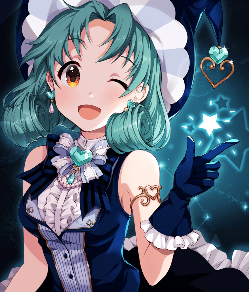 1girl ;d absurdres aqua_background aqua_hair armlet bangs bare_shoulders black_background black_skirt blue_bow blue_gloves blue_headwear blue_vest bow bowtie breasts center_frills commentary_request constellation curly_hair earrings emerald_(gemstone) eyebrows_visible_through_hair frilled_gloves frilled_skirt frills gem glint gloves gradient gradient_background hand_up hat heart heart-shaped_gem heart_earrings highres idolmaster idolmaster_million_live! index_finger_raised jewelry korean_commentary light_blush looking_at_viewer medium_breasts medium_hair one_eye_closed open_mouth parted_bangs pearl_(gemstone) pinkiepies2 shirt skirt sleeveless sleeveless_shirt smile solo star striped striped_bow striped_vest tokugawa_matsuri upper_body vest white_bow white_shirt witch_hat yellow_eyes