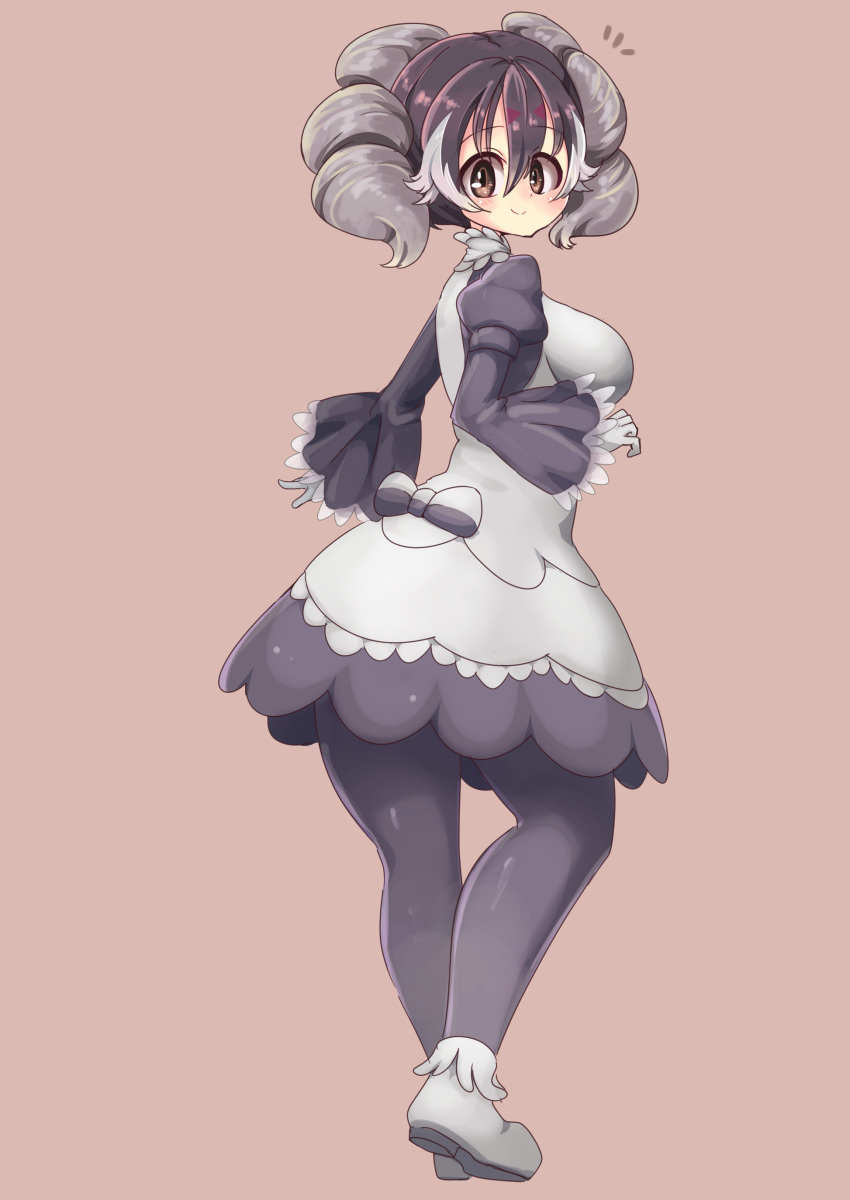1girl absurdres black_eyes black_hair black_legwear borokuro breasts dress_bow drill_hair full_body gloves grey_hair hair_between_eyes highres indeedee long_sleeves looking_at_viewer pantyhose personification pokemon puffy_long_sleeves puffy_sleeves simple_background smile solo standing two-tone_bow white_footwear white_gloves white_hair