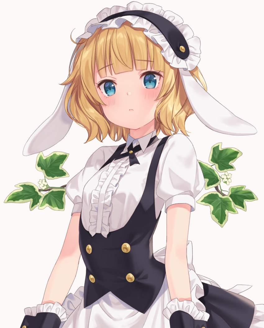 1girl animal_ears apron bangs black_hairband black_skirt black_vest blonde_hair blue_eyes blunt_bangs fake_animal_ears fleur_de_lapin_uniform frilled_apron frilled_hairband frills gochuumon_wa_usagi_desu_ka? hairband highres jimmy kirima_sharo puffy_short_sleeves puffy_sleeves rabbit_ears short_hair short_sleeves skirt solo uniform vest waitress wavy_hair