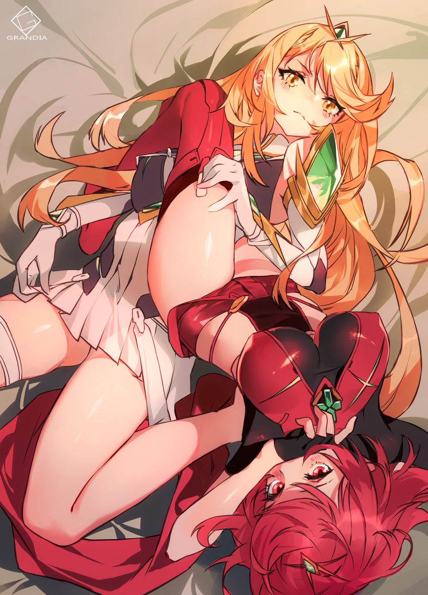2girls absurdres bangs bare_legs bed_sheet between_thighs black_gloves blonde_hair blush closed_mouth covering_mouth dress dual_persona elbow_gloves emerald_(gemstone) eyebrows_visible_through_hair fingerless_gloves gem gloves grandialee hand_on_another's_thigh highres mythra_(xenoblade) pyra_(xenoblade) impossible_clothes long_hair looking_at_viewer lying multiple_girls on_back on_bed pleated_dress red_eyes red_legwear red_shorts redhead short_dress short_shorts shorts shoulder_armor swept_bangs thigh-highs thigh_strap thighs tiara v-shaped_eyebrows very_long_hair white_dress white_gloves xenoblade_(series) xenoblade_2 yellow_eyes