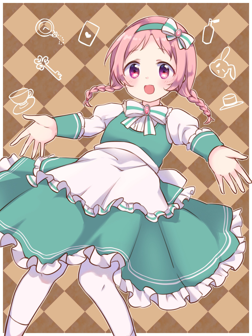 1girl :d akane_mimi apron argyle argyle_background bangs blush bottle bow braid brown_background commentary_request cup dress eyebrows_visible_through_hair frilled_apron frills green_dress green_hairband gucchiann hairband heart highres juliet_sleeves key long_sleeves looking_at_viewer open_mouth outstretched_arms pantyhose parted_bangs pink_hair pocket_watch princess_connect! princess_connect!_re:dive puffy_sleeves saucer shirt sleeveless sleeveless_dress smile solo striped striped_bow teacup twin_braids twintails violet_eyes waist_apron watch white_apron white_bow white_legwear white_shirt