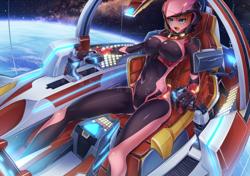 1girl blue_eyes bodysuit breasts cluseller cockpit covered_navel display earth eyebrows_visible_through_hair helmet large_breasts manami_hamill mecha open_mouth redhead screen_light solo space spacesuit super_robot_wars super_robot_wars_64