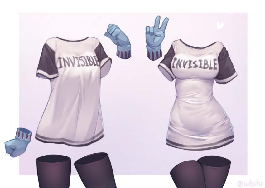 1girl artist_name black_legwear boku_no_hero_academia breasts clothes_writing gloves hagakure_tooru heart highres invisible iwbitu-sa medium_breasts multiple_views pajamas_challenge shirt short_sleeves simple_background t-shirt taut_clothes taut_shirt thigh-highs v